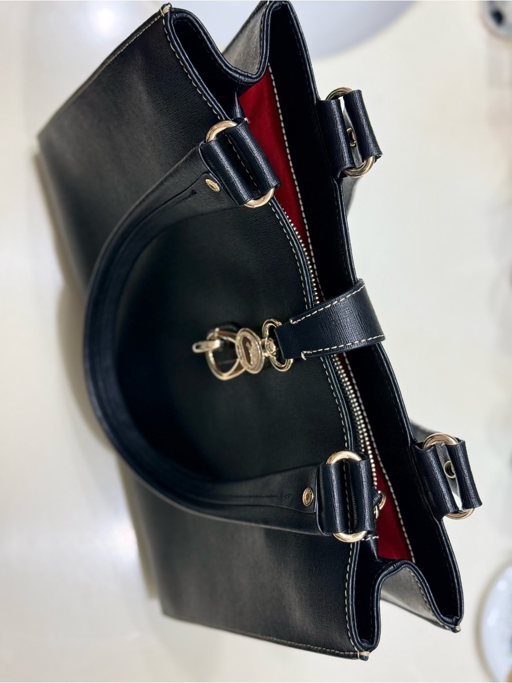 Dooney & Bourke Black Leather Tote with Red Interior and Gold Hardware